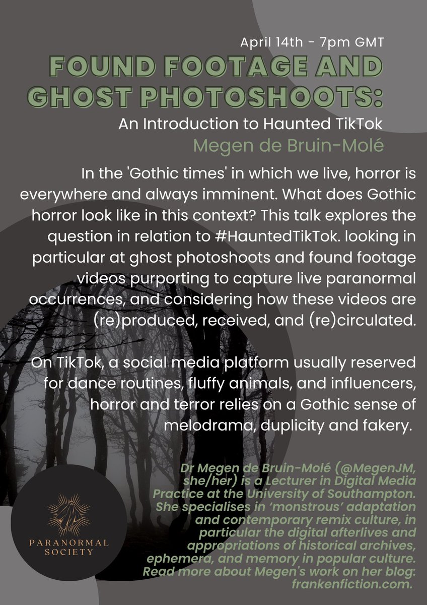 UoAParanormal's tweet photo. Tonight! 7pm BST. A free to attend seminar on #HauntedTikTok and found footage ‘live’ paranormal sightings. https://t.co/ujoPKx1cJb