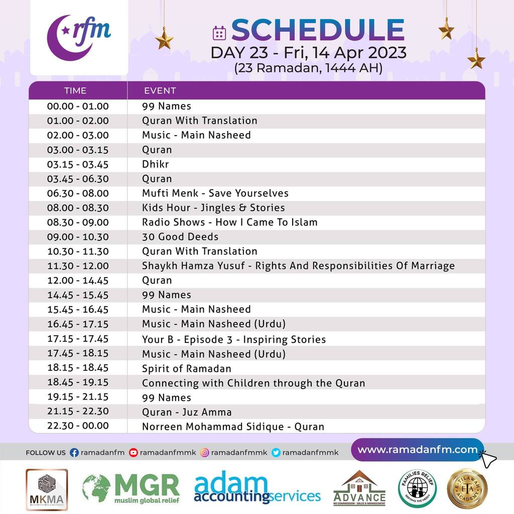 ramadanfmMK's tweet photo. RamadanFM Day 23 is here!
Day 23 Schedule - Fri, 14 Apr 2023
(23 Ramadan, 1444 AH)

Listen Live https://t.co/SwHHhRlJVC
#RamadanDay23  #RamadanFM #ramadanfmmk #holymonthoframadan #LISTENLIVE #muftimenk #shaykhhamzayusuf #quranmajeed #99names #gooddeeds #miltonkeynes #miltonkey… https://t.co/t2TLVfBSAt