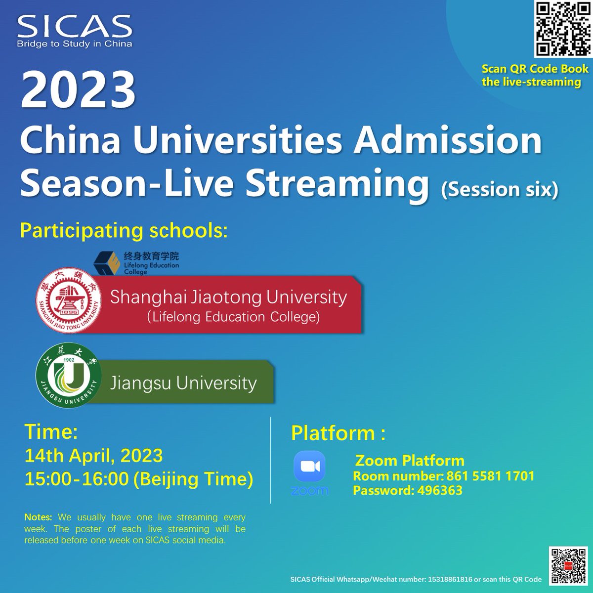 AboutSICAS's tweet photo. Do not miss this very cherishable opportunity to talk with the top 3 university and the university with the large number of international students in China
Time: 3:00 to 4:00 PM  14th April Beijing
Zoom Link：https://t.co/6Z544R7Mcr
Room number: 861 5581 1701
Password: 496363 https://t.co/57B0jOwWqo