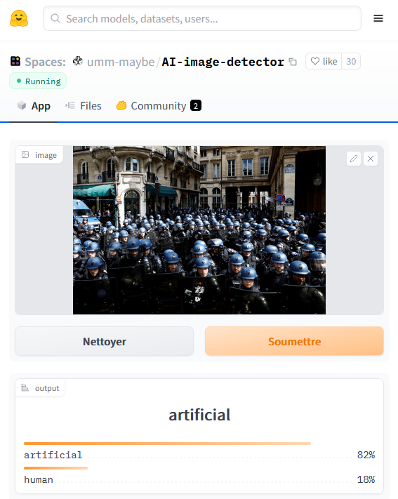 nicolasberrod's tweet photo. La fameuse photo des gendarmes en rangs serrés devant le Conseil constitutionnel hier (crédit Reuters/Stéphane Mahé).

• 82% de probabilité d'avoir été générée par un outil d'intelligence artificielle, selon Hugging Face 🤯

• 0%, selon Hive Moderation 😮‍💨

1/2 https://t.co/r4NsAhKD9U