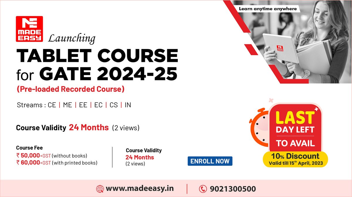 MADEEASY_Delhi's tweet photo. 𝗟𝗮𝘀𝘁 𝗱𝗮𝘆 𝗹𝗲𝗳𝘁 𝘁𝗼 𝗮𝘃𝗮𝗶𝗹 𝗱𝗶𝘀𝗰𝗼𝘂𝗻𝘁
Enroll in #MADEEASY TABLET COURSE for GATE 2024-25 to help you prepare and avail 10% discount until 15th Feb.
Enroll now: https://t.co/bFpf3CbIq1
#GATE #GATE2024 #preparation #MADEEASYtabletcourse #recordedclasses https://t.co/ylfLA1eSKv