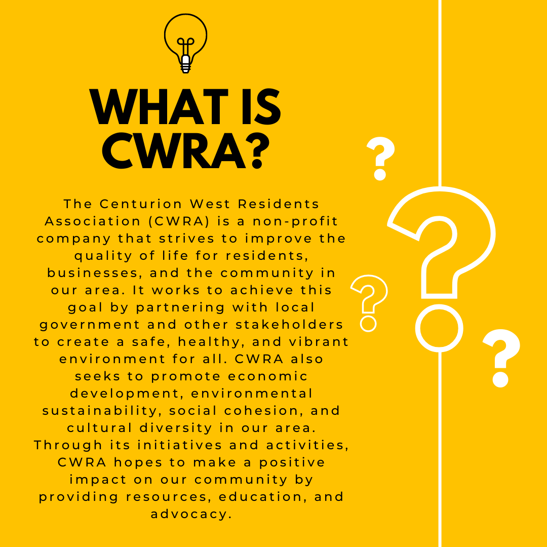 CenturionWestRA's tweet photo. What is CWRA?

#MakingChangeTogether #CenturionWestResidentAssociation #CWRA https://t.co/wWXoApV8kM