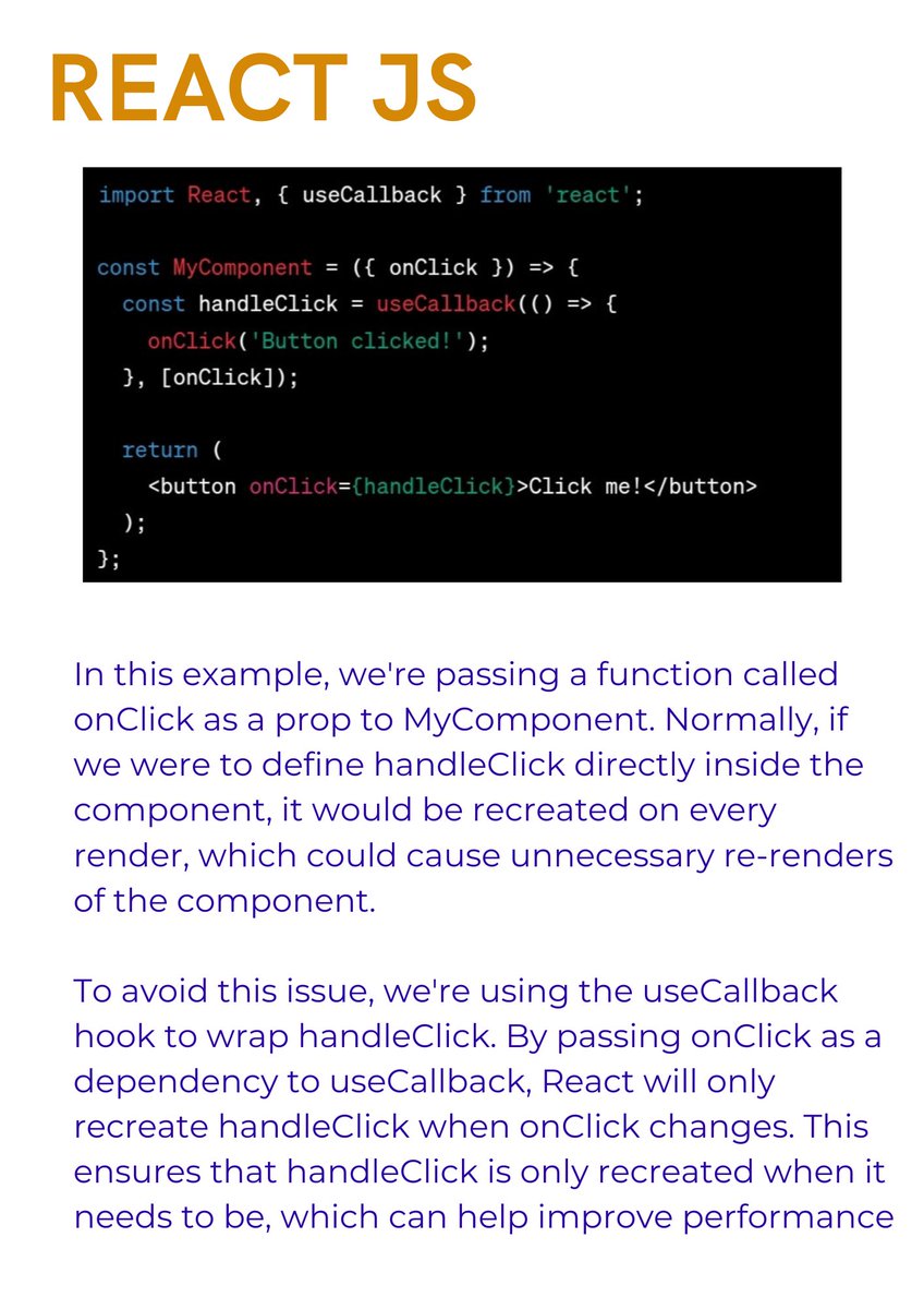 Sakshi50038's tweet image. Improve your function-based components in React Js by using the useCallback hook. By wrapping a function in useCallback, you can reduce unnecessary renders and improve performance. #ReactTips #FunctionComponents 
#reactjs