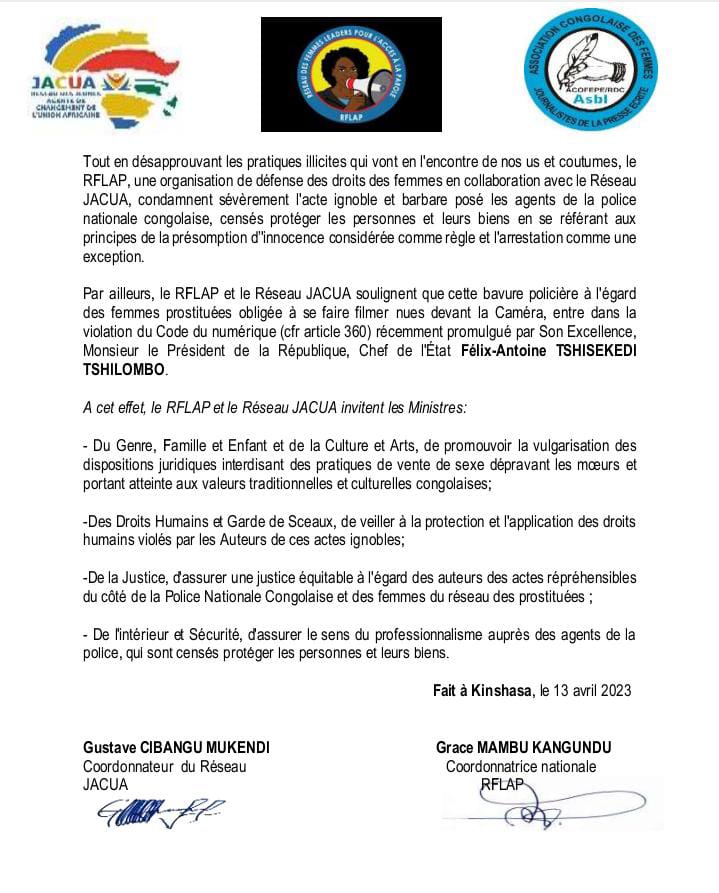 JACUA21's tweet photo. 13 Avril 2023!!!!
DECLARATION DU #REFLAP & #JACUA SUITE AUX BAVURES POLICIERES LORS DU DEMANTELEMENT D'UN RESEAU DES PROSTITUÉES A KINSHASA.
Le Réseau #JACUA et #REFLAP condamnent la pratique de partouze qui porte atteinte à nos valeurs culturelles et traditionnelles.@fatshi13 https://t.co/Yc87YQkcBC