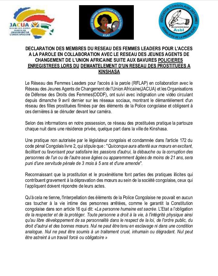 JACUA21's tweet photo. 13 Avril 2023!!!!
DECLARATION DU #REFLAP & #JACUA SUITE AUX BAVURES POLICIERES LORS DU DEMANTELEMENT D'UN RESEAU DES PROSTITUÉES A KINSHASA.
Le Réseau #JACUA et #REFLAP condamnent la pratique de partouze qui porte atteinte à nos valeurs culturelles et traditionnelles.@fatshi13 https://t.co/Yc87YQkcBC