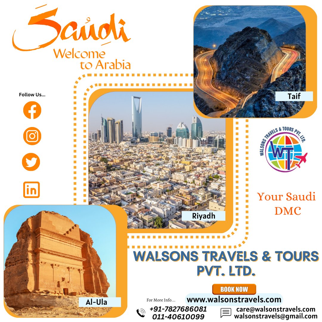 Walsonstravels's tweet photo. #DiscoverSaudi
The mixture of global diversity that has emerged from this cradle of many human civilizations - the essence of Saudi awaits you.
📲For More details call us now: +917827686081
💻 https://t.co/4k0X1UaXyY
#walsonstravels #saudi #visitsaudi #Taif #Alula #DMCSaudi https://t.co/Bd1MHxArvr