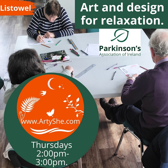 Thursday creativity, mindful breathing, and gentle movement for people with Parkinson's.  Classes are free of charge and we have a laugh.  Read more and book here: artyshe.com/parkinsons/
@ParkinsonsIre
#Listowel #ParkinsonsAwarenessMonth #wherestoriesbegin