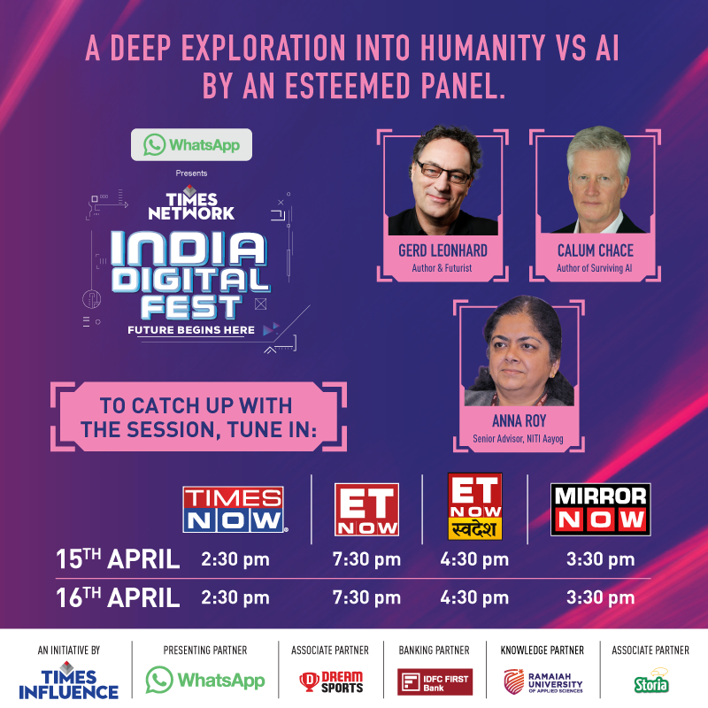 ETNOWlive's tweet photo. Tune in to watch AI experts decode the pros &amp; cons associated with the rise of artificial intelligence during an exclusive panel discussion on #HumanityVsAI this weekend on @TimesNow 2:30pm @ETNOWlive 7:30pm @ETNowSwadesh 4:30pm &amp; @MirrorNow 3:30pm #IndiaDigitalFest
@whatsappbiz https://t.co/ev95XFO1c1