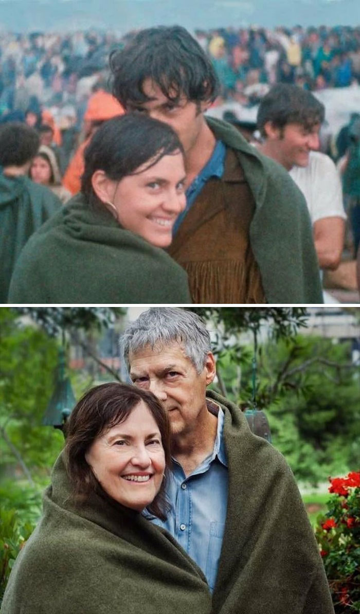 - Una pareja en Woodstock, 48 horas después de que se conocieron, y la misma pareja 50 años después, aún felizmente junta