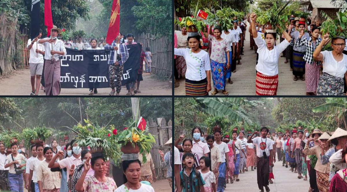 KyawLwin555's tweet photo. The determined pro-democracy residents were rallying and staging an anti-dictatorship protest on the West Bank of Chindwin river in Sagaing region today.  
#RevolutionaryThingyan #2023Apr14Coup #WhatsHappeningInMyanmar https://t.co/Z0k7tPbeR0