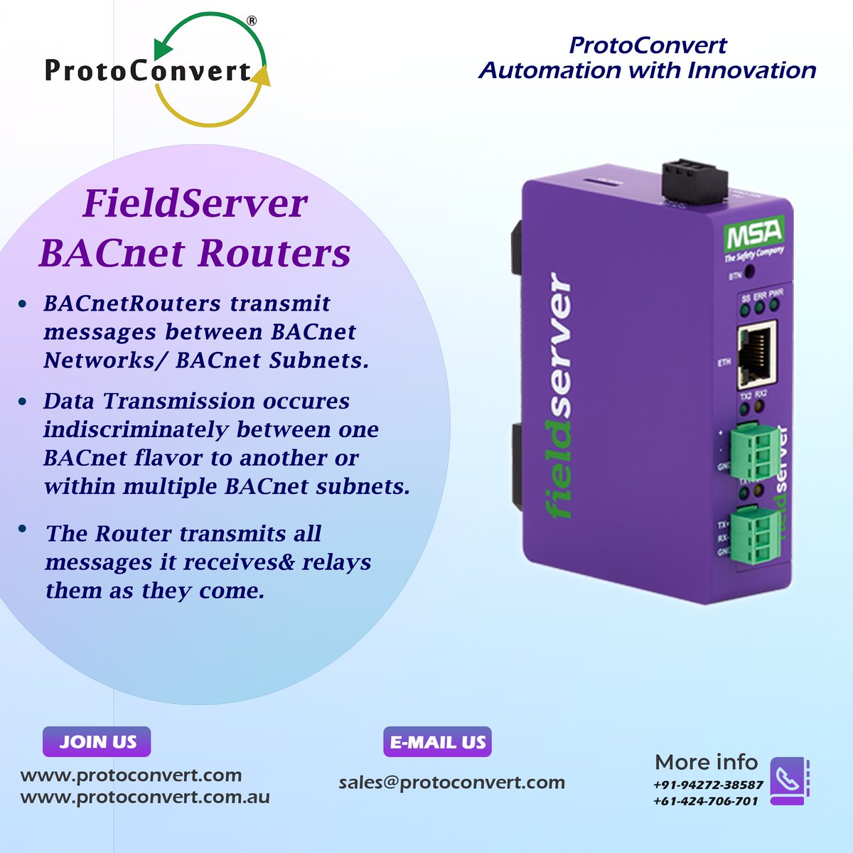 ProtoConvert's tweet photo. #FieldServer offers a complete #BACnet internetworking solution the first standalone device in the industry to carry the BTL mark to ensure the highest standard of BACnet integration, Multiple BACnet routing connections: BACnet/IP, BACnet MS/TP, and BACnet Ethernet. #BACnetRouter https://t.co/vyckIh6T6s