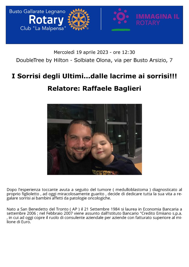 RotaryMalpensa's tweet photo. I Sorrisi degli Ultimi...dalle lacrime ai sorrisi!!!
Relatore: Raffaele Baglieri
DoubleTree by Hilton - Solbiate Olona, via per Busto Arsizio, 7 Mercoledì 05 aprile 2023 – ore 12:30
#rotarylamalpensa #convivialircmalpensa #conviviali #bustoarsizio #gallarate #legnano #rotary https://t.co/fZCF6nIVlM