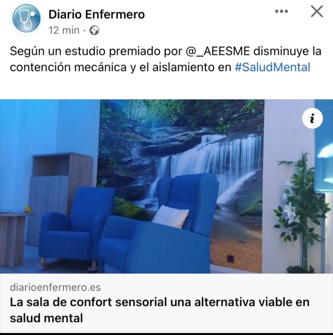 SALACONFORT's tweet photo. "Evaluación de la eficacia de una sala de confort-sensorial en el control de la agitación de una área de rehabilitación funcional en Salud Mental" estudio de investigación realizado por las compañeras de el Hospital Psiquiátrico de Vitoria -Gasteiz. 👏👏👏😊 https://t.co/3sfEhAedkZ