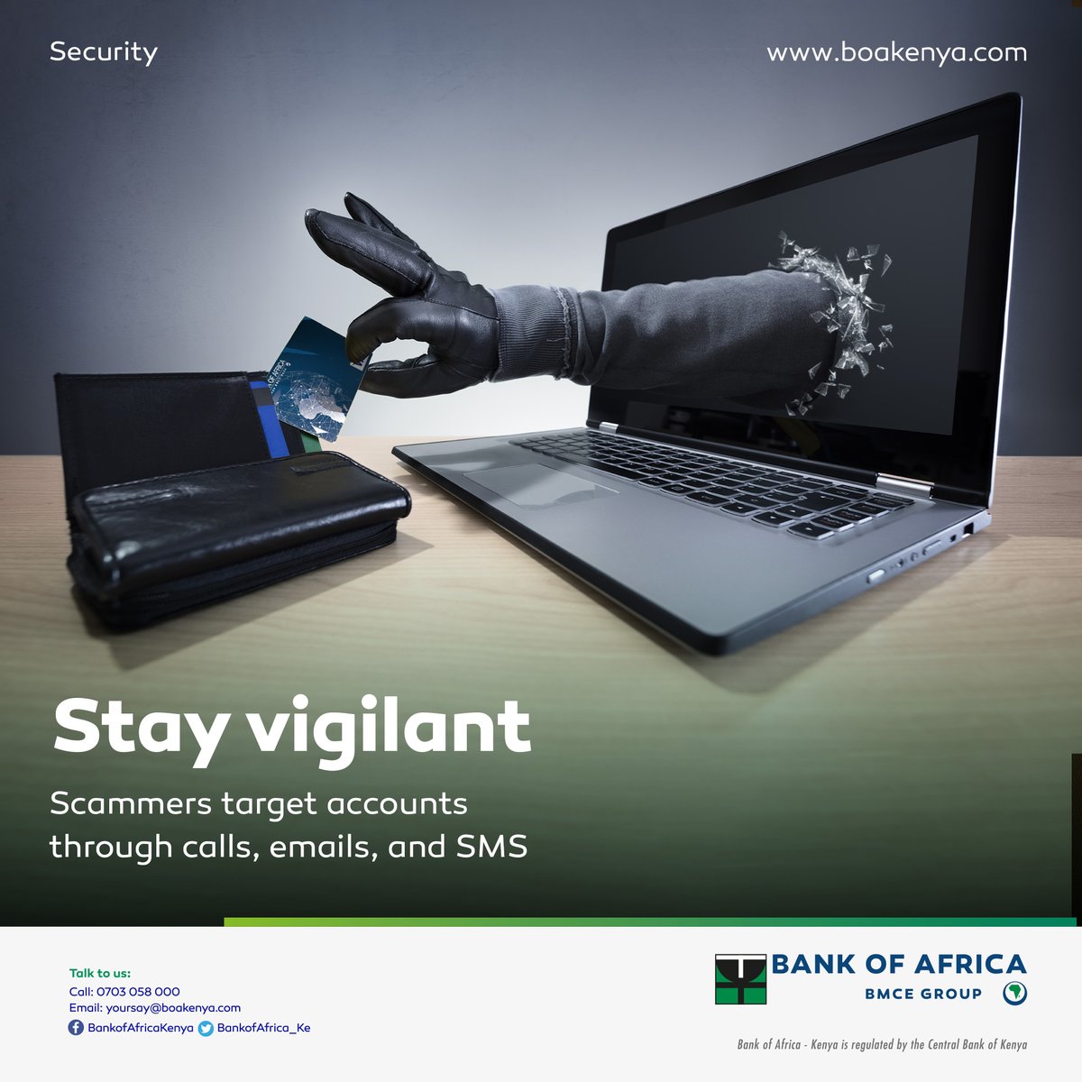 BankofAfrica_Ke's tweet photo. Do not share information about your account with anyone. Requests from scammers can also come through calls, emails, and texts asking you to take some action. Call us at 0703 058 000 in case of any suspicion.
#SecureYourBanking. https://t.co/sJYacAi93v