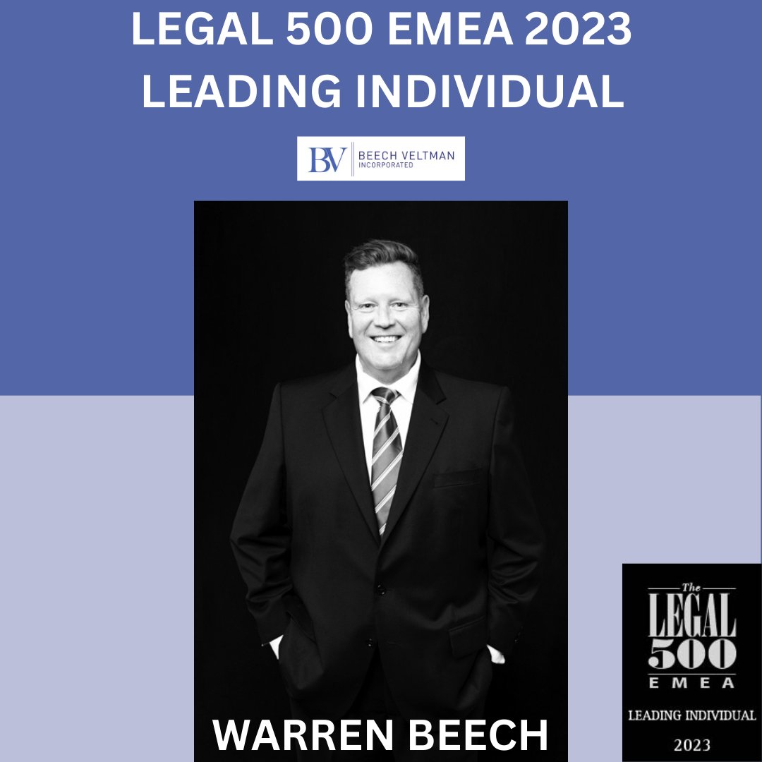 We are proud to announce that our CEO, Warren Beech, has been recognised by @thelegal500 as a Leading Individual in the category of Mining, South Africa, 2023. You may view the guide here: legal500.com/c/south-africa…

#Legal500 #LeadingIndividual #Law #Lawyer #Mining #Rankings
