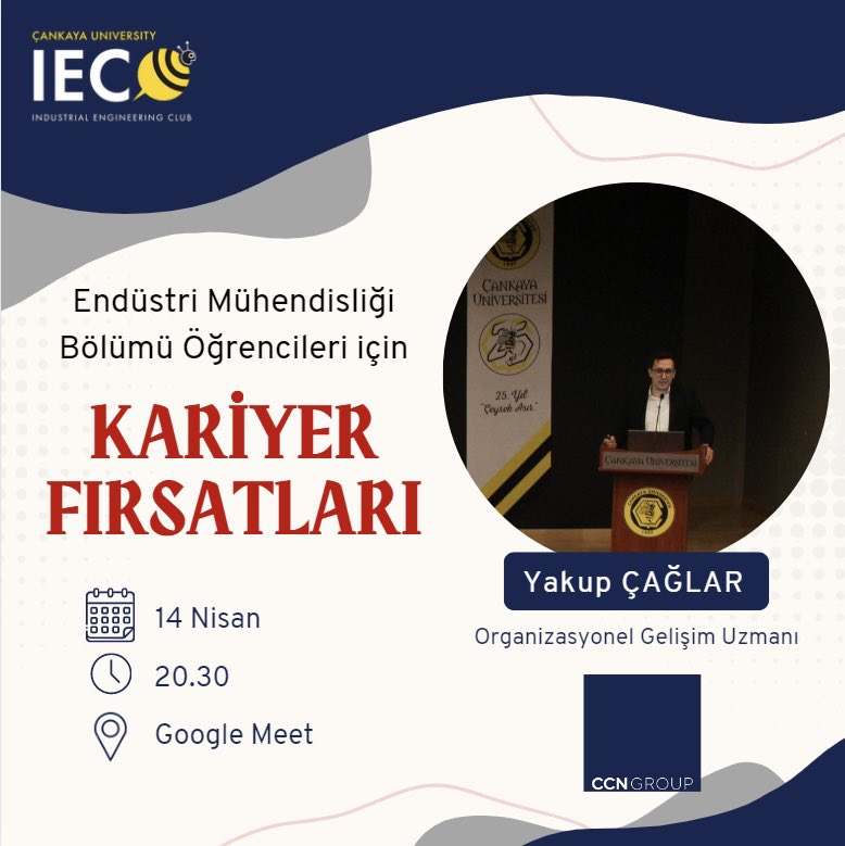 Arkadaşlar Merhaba🌸
14 Nisan saat 20.30 da  Google Meet üzerinden Yakup Çağlar ile birlikte gerçekleştireceğimiz “ Endüstri Mühendisliği Bölümü Öğrencileri için Kariyer Fırsatları “ adlı seminerimize davetlisiniz. 🤗