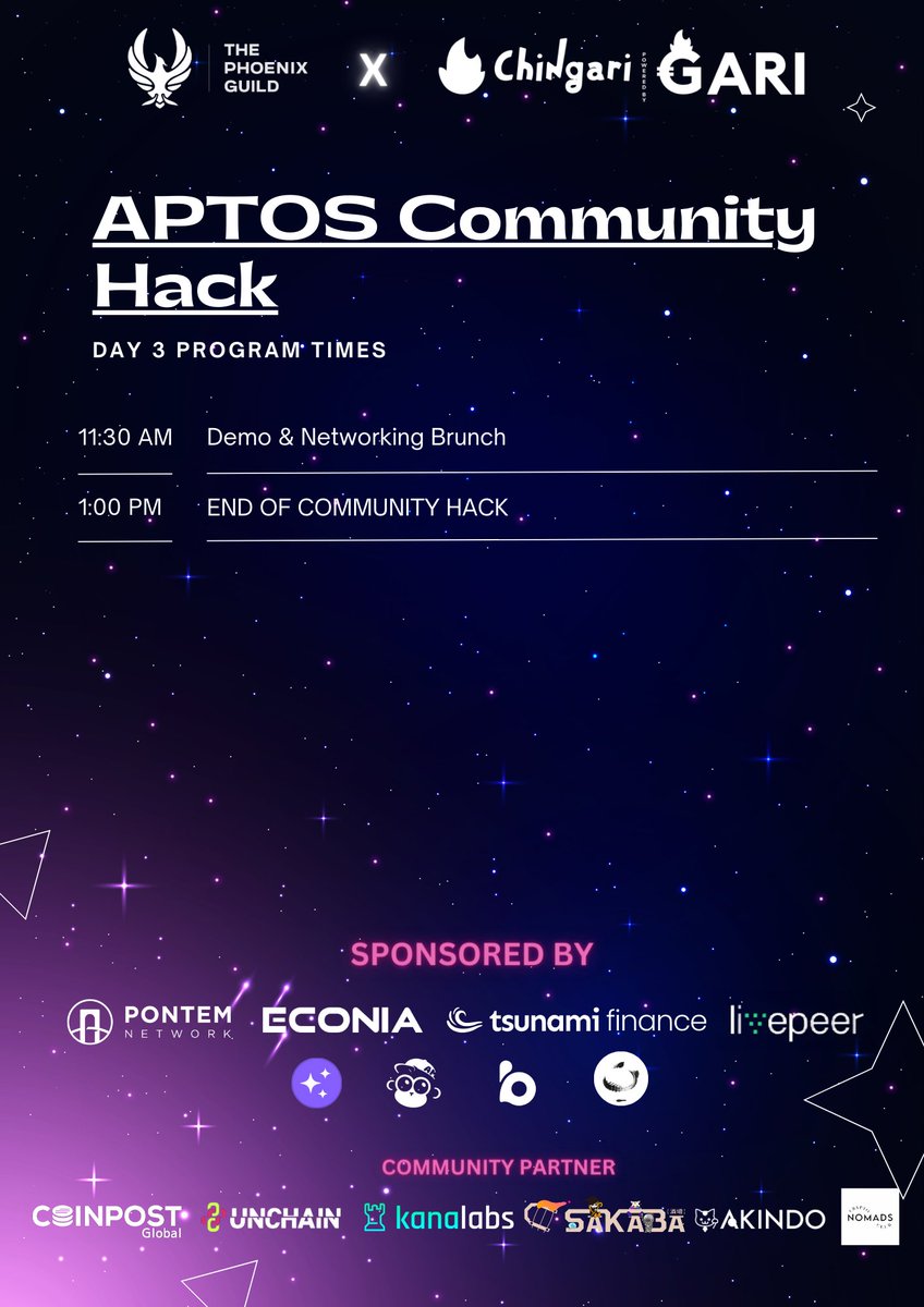 PhoenixGuildHQ's tweet photo. Join us for an exciting final day of the @Aptos_Network Community Hack by @Chingari_IN X #TPG !
#day3 features demos from our talented hackers and networking brunch - a perfect opportunity to connect with like-minded individuals. #AptosHack #FinalDay #Demos #NetworkingBrunch https://t.co/CpE21gnfUP