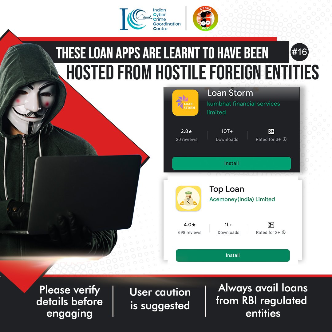 Verify details of apps before engaging. These apps are learnt to have been hosted from hostile foreign entities. If you are a victim of cybercrime #Dial1930 &amp; file a complaint on cybercrime.gov.in
#CyberDostFactCheck
#InstantLoan
#LendingApps
#MobileApp
<a href="/RBI/">ReserveBankOfIndia</a>  <a href="/GooglePlay/">Google Play</a>