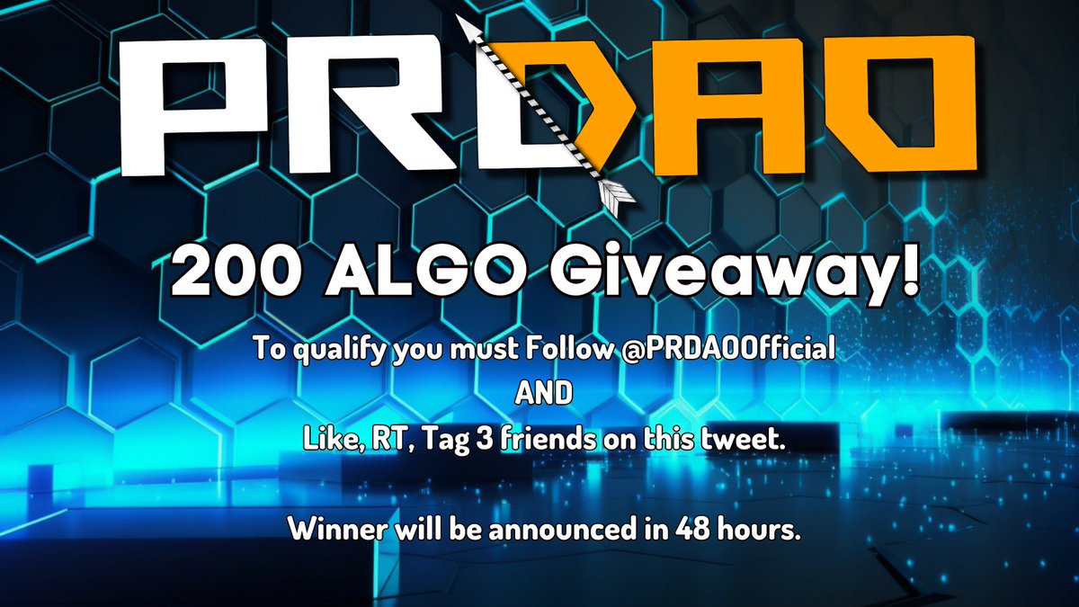 Okay #AlgoFam! 200 ALGO giveaway in 48 hours! 

To qualify you must be following <a href="/PRDAOOfficial/">PRDAO.algo</a>, you must LIKE, RT and Tag 3 Friends on this Tweet. 

Just 1 winner. Good Luck!