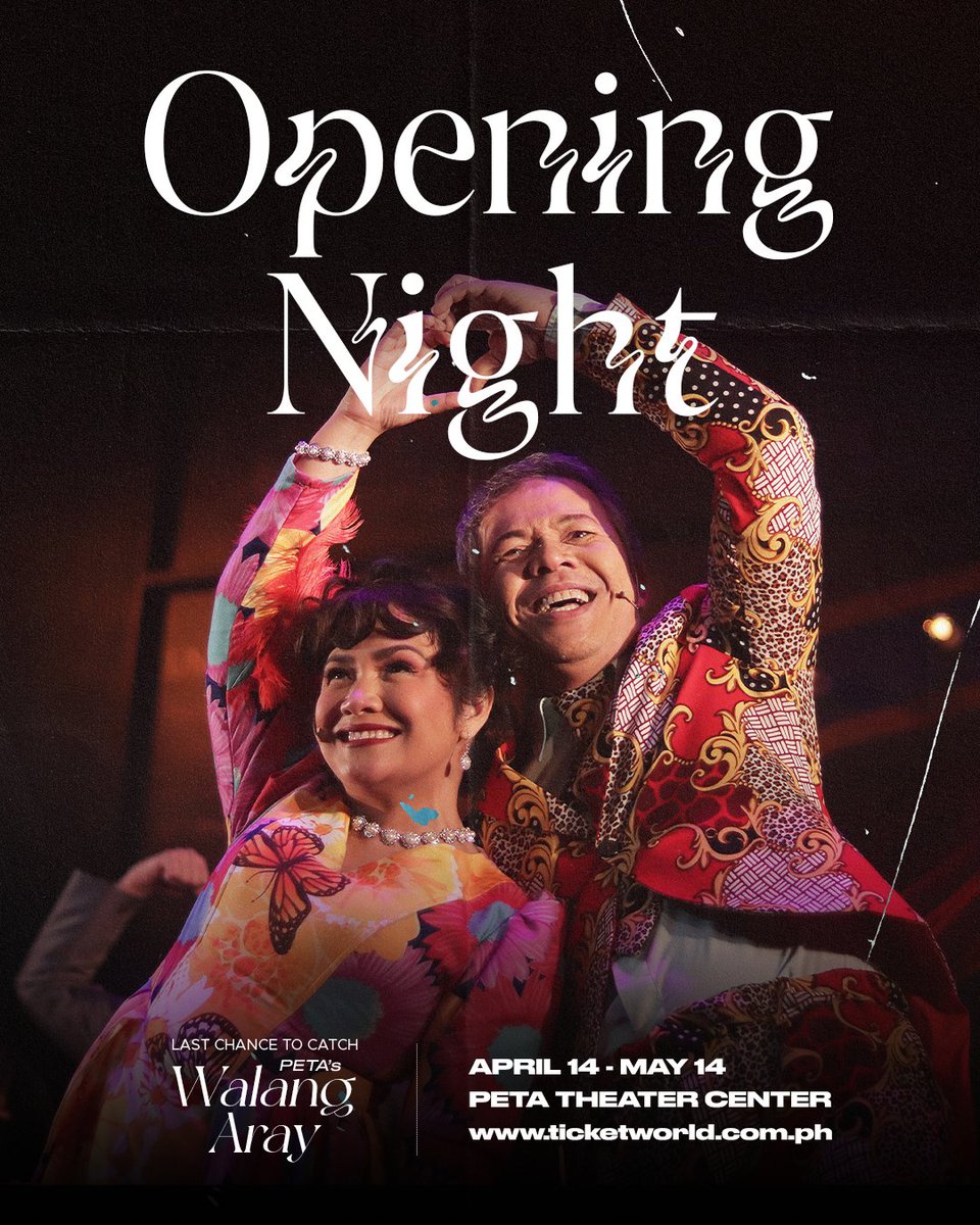 Bukas na muli ang tanghalan ngayong gabi! 🫶 ✨

Muling tumindig at umibig sa pagbabalik ng #PETAWalangAray mula April 14 - May 14 sa PETA Theater Center!

Kitakits! 🎭