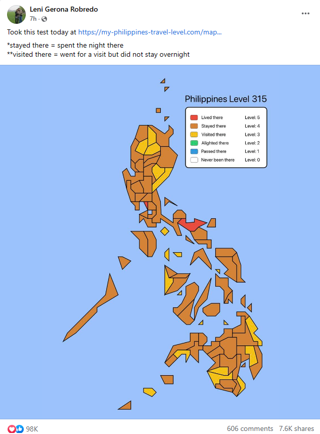 PhilstarNews's tweet photo. ‘NAPUNTAHAN NIYA NA LAHAT? 😲’

Former vice president Leni Robredo astounded netizens with her score in an online test which will determine your score based on the places you went to in the Philippines. 

📸 My Philippines Travel Level via Leni Robredo https://t.co/Zj4hCSzW46
