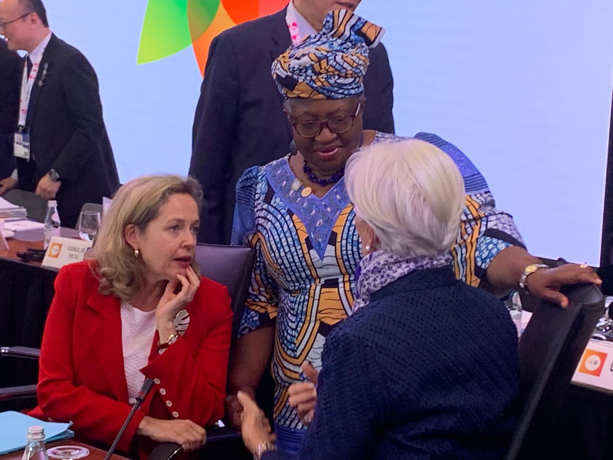 NOIweala's tweet photo. At the G20 Finance Ministers and Central Bank Governors meeting in Washington D.C. discussing the state of the Global Economy and issues of Financial Sustainability. With  @SigridKaag of the Netherlands,  @KganyagoLesetja of South Africa @NadiaCalvino of Spain and @Lagarde https://t.co/QhsodzarQn