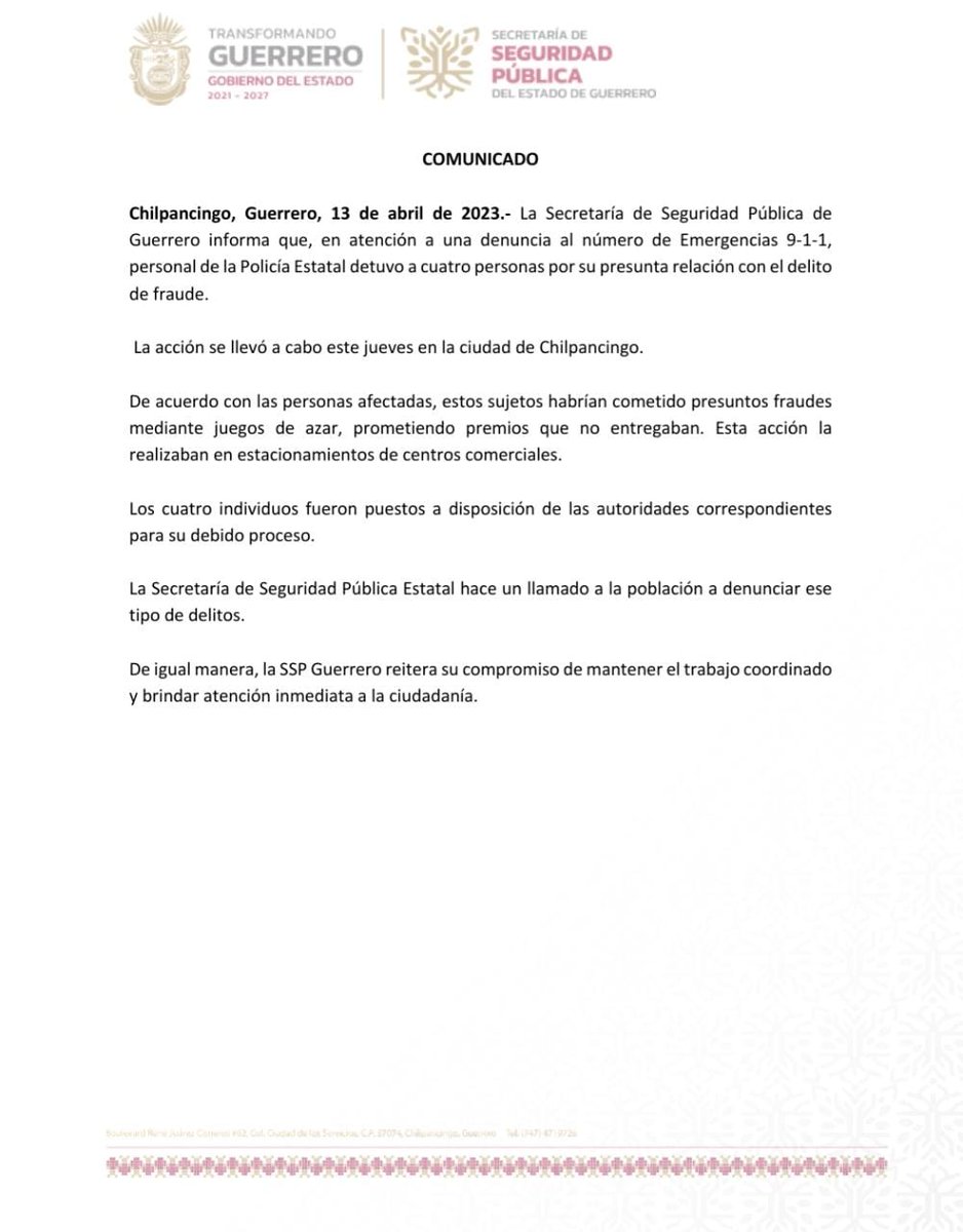 SSPGro's tweet photo. La @SSPGro informa: 
En atención a una denuncia al número de Emergencias 9-1-1, personal de la Policía Estatal detuvo a cuatro personas por su presunta relación con el delito de fraude en la ciudad de Chilpancingo. https://t.co/dQuuvf40fp