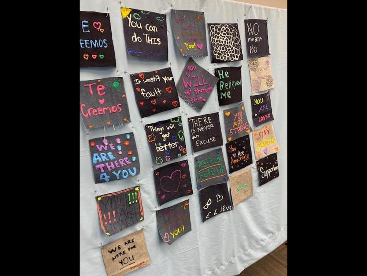 PeaceOvrViolnce's tweet photo. Thanks HaGomel for sponsoring #DenimDay. HaGomel provides emotionally #healing #artsprograms for women who have experienced #sexualtrauma. HaGomel led a denim design activity with our @youthoverviolence team w/ supportive words for #survivors. Text DenimDay to 71777. https://t.co/TYpzZGGiYC