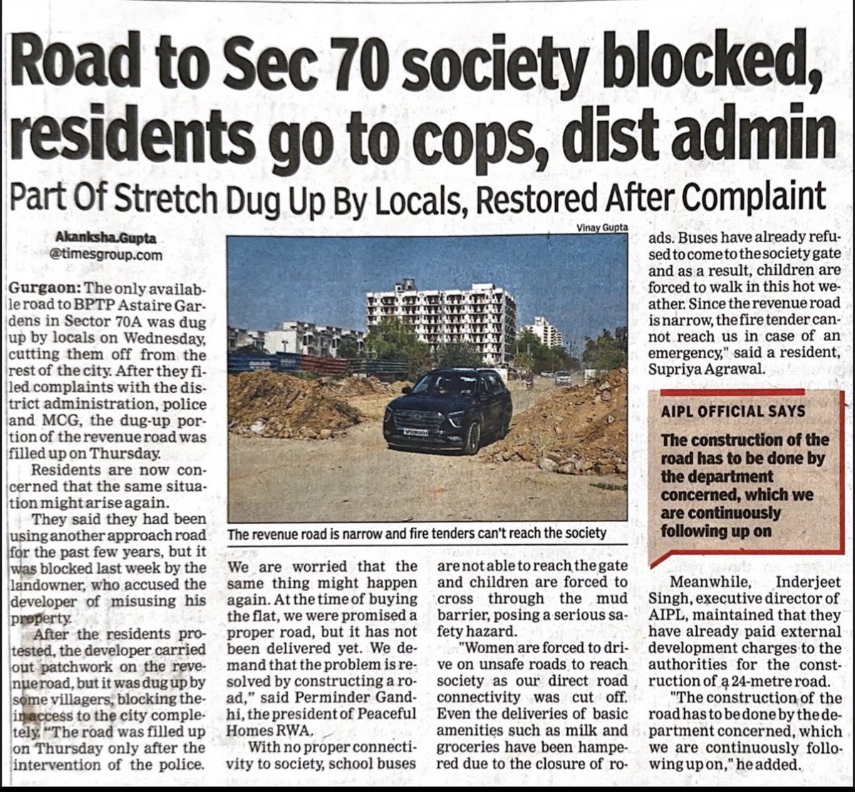 thecorpcommguy's tweet photo. Big thanks to  @its_AkankshaG @TOIGurgaon @timesofindia for bringing this to light ! This was the need of the hour . The baton now shifts to @MunCorpGurugram @OfficialGMDA to fulfil promises and reconstruct the road asap. If the builder has paid money then this needs to be taken up on priority and immediately. Meanwhile great job @gurgaonpolice DCP South, SHO, for helping out . We will need your support and we will keep coming to you now and then ! #aipl #gurgaon #roads #infrastructure #summers #schools #children #peaceful #homes