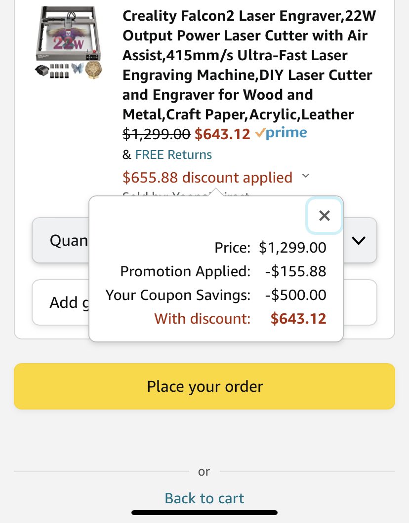 AdamIn3DEE's tweet photo. @3dpdeals There’s currently a $500 off code via Amazon and the FALCON22 code takes off an additional  $155.88. https://t.co/WqbHJtsvso