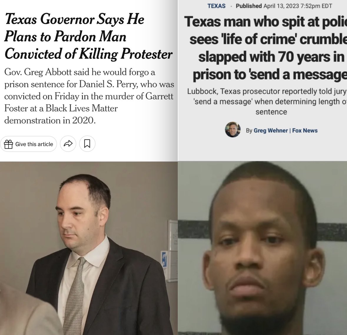 As Texas Gov Abbot prepares to pardon a white man & convicted murderer for killing a peaceful BLM protestor—Texas sentences a Black man to 70 years in prison for “spitting at police” to “make an example out of him.”😳 Systemic white supremacy is thriving in the GOP. Horrific.