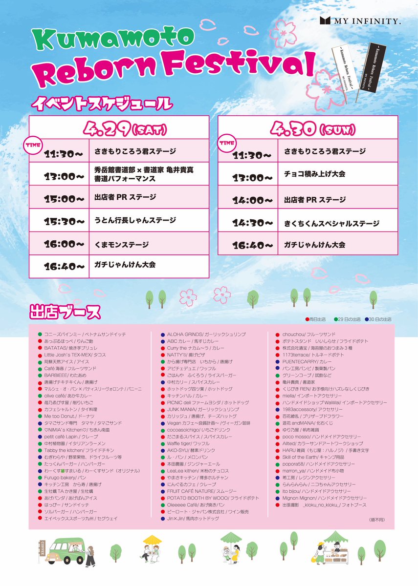 MYINFINITY2023's tweet photo. kumamoto Reborn Festival
🌸4月29日-30日🌸
フードパル熊本イベント広場
✨11:00〜18:00✨

参加型イベント盛り沢山♫

ご来場お待ちしております🥰
出店者様紹介、詳細はインスタまで🎉
インスタのフォローもよろしくお願いします❤️
＃イベント　#熊本　#ご当地キャラ　#キッチンカー ＃ハンドメイド https://t.co/ZcPm8Jdtrb