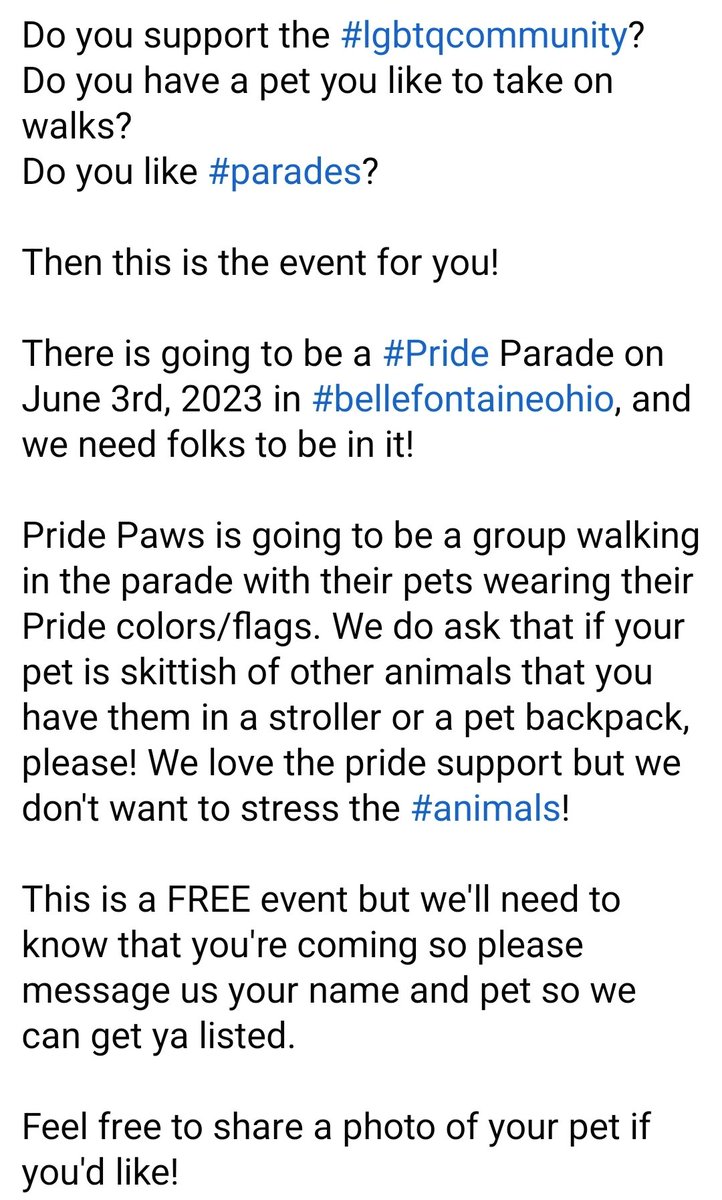 dragonflycowboy's tweet photo. #bellefontaineOhio #Ohio #Pride2023 #parade #LGBTQIA #pets

Pride Paws is looking for people to show their support/Pride for the LGBTQ+ community by walking with their pet in the parade while displaying your pride colors!

Please share &amp; join in the fun!
https://t.co/akIgQhMAeB https://t.co/XK45EhE5zK