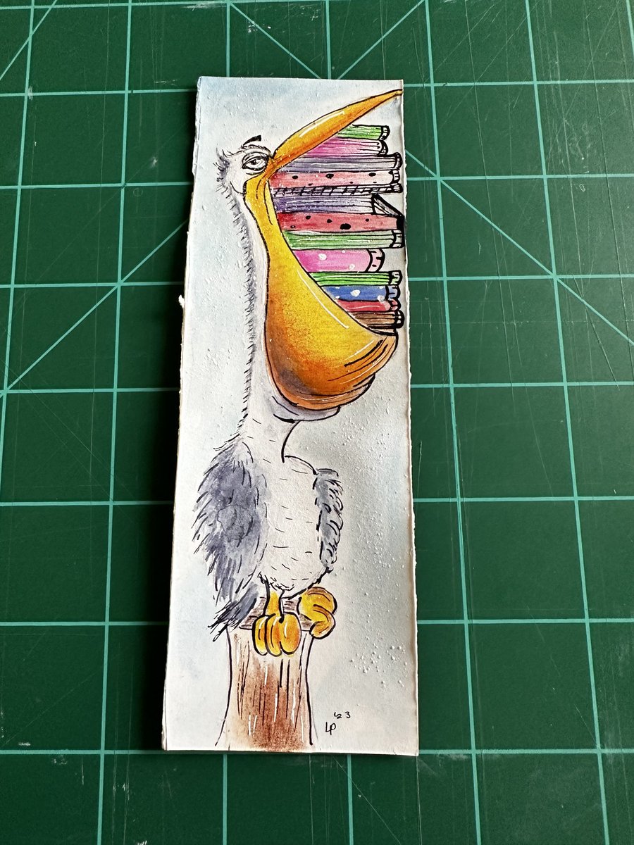 Was asked to doodle a bookmark for the #bookmarkproject for the Primary School in Zimbabwe. Thank you so very much Sharon ⁦@slhattersley⁩ for asking me! Run by the awesome Brownie Troup there. #TraditionalArt #PenandInk #Dippen #watercolor #pelican #cartoonistsoftwitter