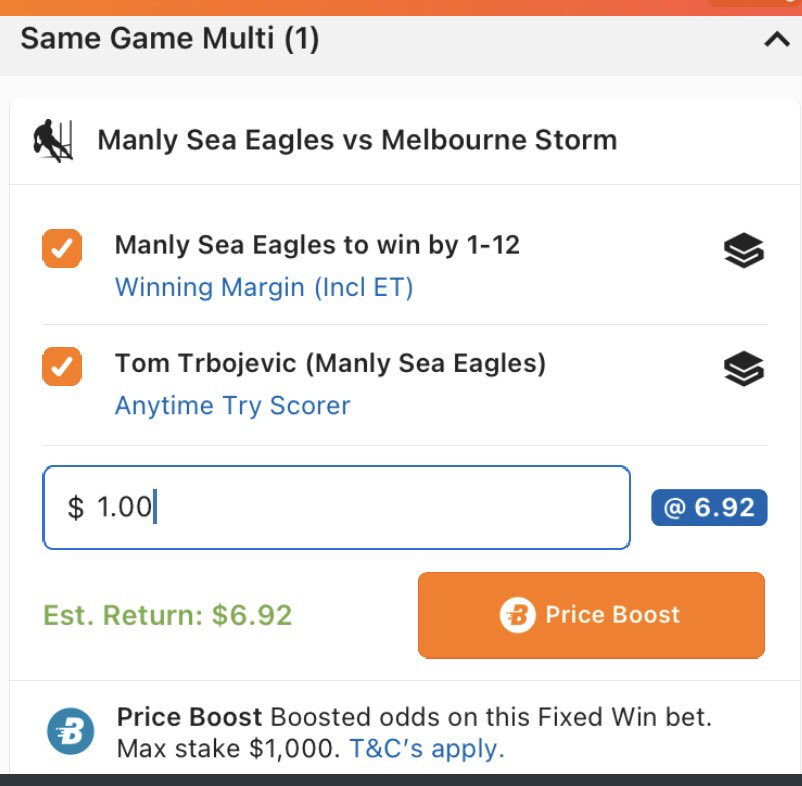 SmithySysAlgo's tweet photo. I maybe way off the mark, but in toniteβs grudge match #ManlyVStorm I see a ambush & major bounce back on the #Beaches by the SeaEagles. #Turbo was 5% fit last week and the team was 95% off itβs potential against Penrith.
#SameGameMulti is π PS - both #hate each other https://t.co/wDgWYP4fni