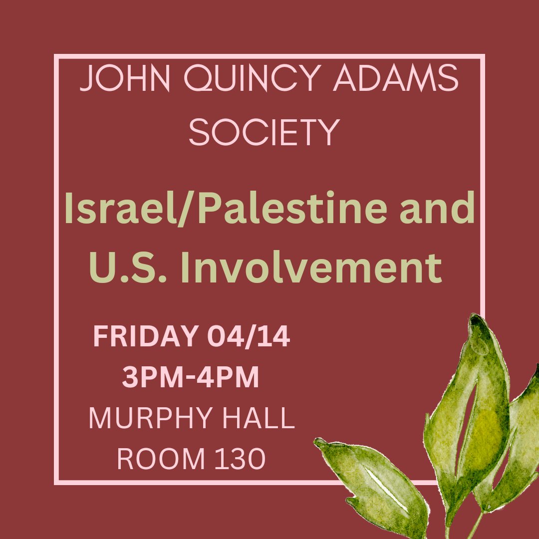 Join us this Friday as we hear from one of our members, Eli Waytas, as he discusses his recent trip with Hillel to Israel/Palestine. We will tie this experience into the history of U.S. involvement in the region, while creating a meaningful discussion. See you there!