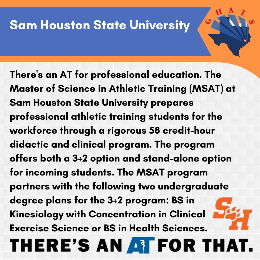GHATSdotORG's tweet photo. (1/2) There's an AT for professional education: Sam Houston State University. #NATM2023 #TheresAnATForThat #AT4ALL #AT4Me @NATA1950 @SWATAD6 @tsata_team @TexasSSAT @SamHoustonState https://t.co/WiaB1RdZbR