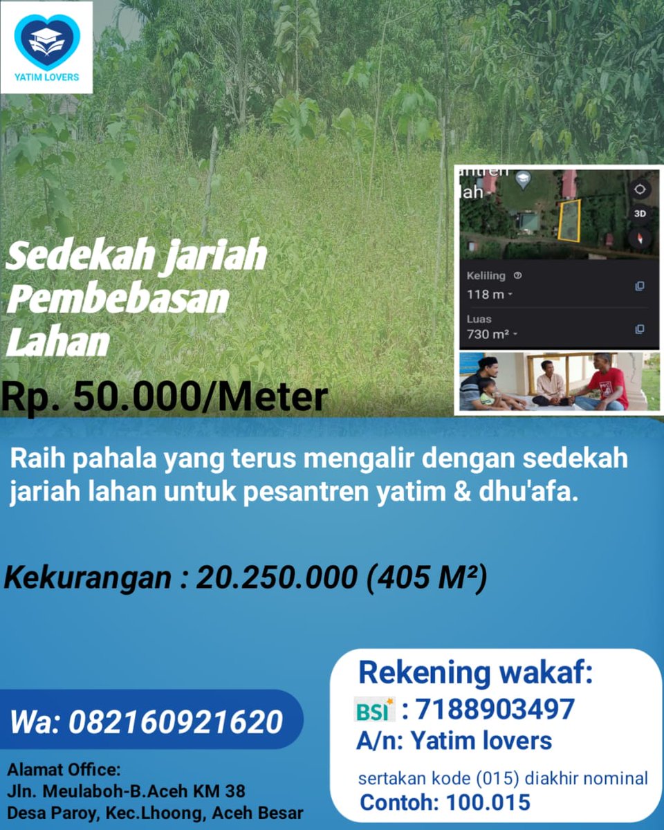 123Kaban's tweet photo. Pembebasan lahan,
 niatkan pahalanya untuk diri sendiri/keluarga.

Ini merupakan kesempatan terbaik utk anda mendapatkan aliran pahala dari para penghafal AlQuran tanpa mengurangi pahala mereka sedikitpum.

Yuk..kita bantu lunasi lahan yg mau di bebaskan. https://t.co/z5p4zGYrhn