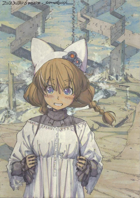 【アナログ1951:DRILL CANYON】配達物に入ってた補強用の厚紙。グレーの紙がとても良い効果になりました。世界観的にも珍しい絵。#水彩 #狐娘 #原画 #サイバーパンク 