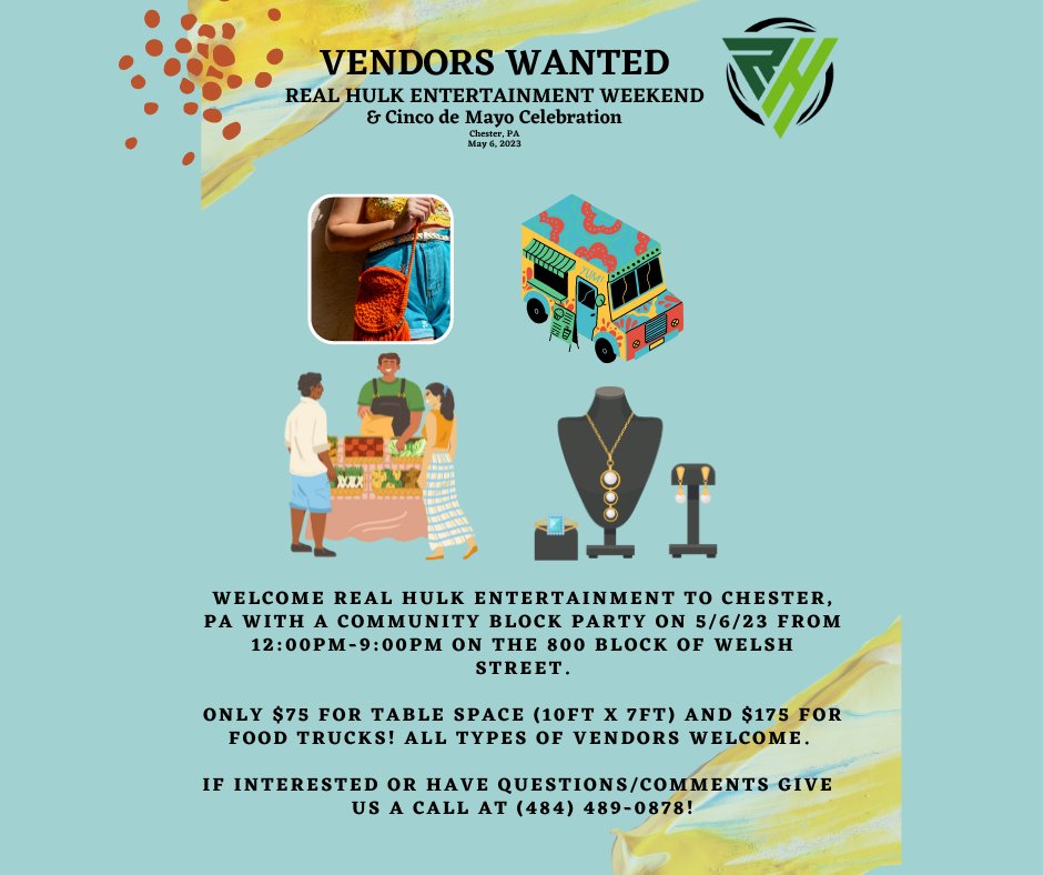 RealHulkRecords's tweet photo. REAL HULK WEEKEND NEEDS VENDORS!
Call  (484) 489-0878 or email us at realhulkentertainment@gmail.com by 4/21/2023 to reserve your spot!! https://t.co/6e0JA17812