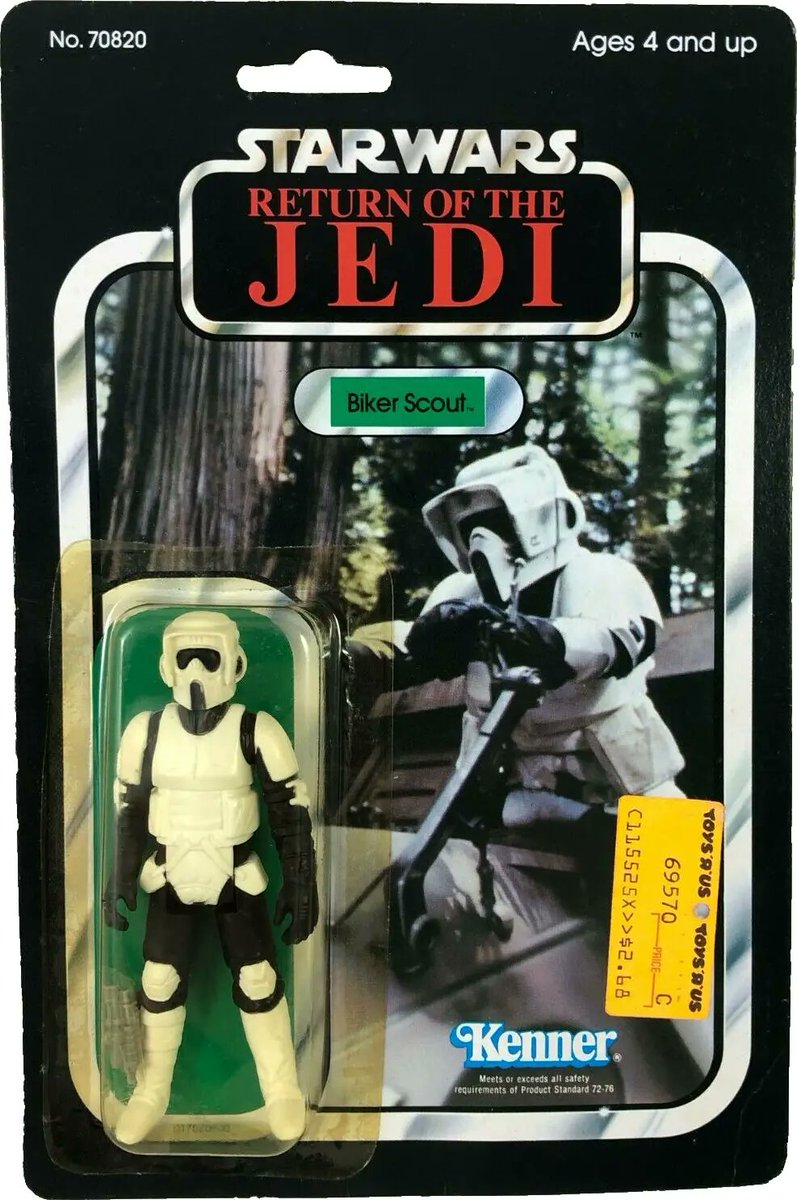 1983 Biker Scout. Like Snowtrooper, a new Stormtrooper is always a cool thing, wondering how he'll fit into the storyline, & this guy didn't disappoint with his motorcross-style helmet & funky short gray blaster. Next to Jedi Luke, probably my fav ROTJ card. #StarWars #ROTJ40