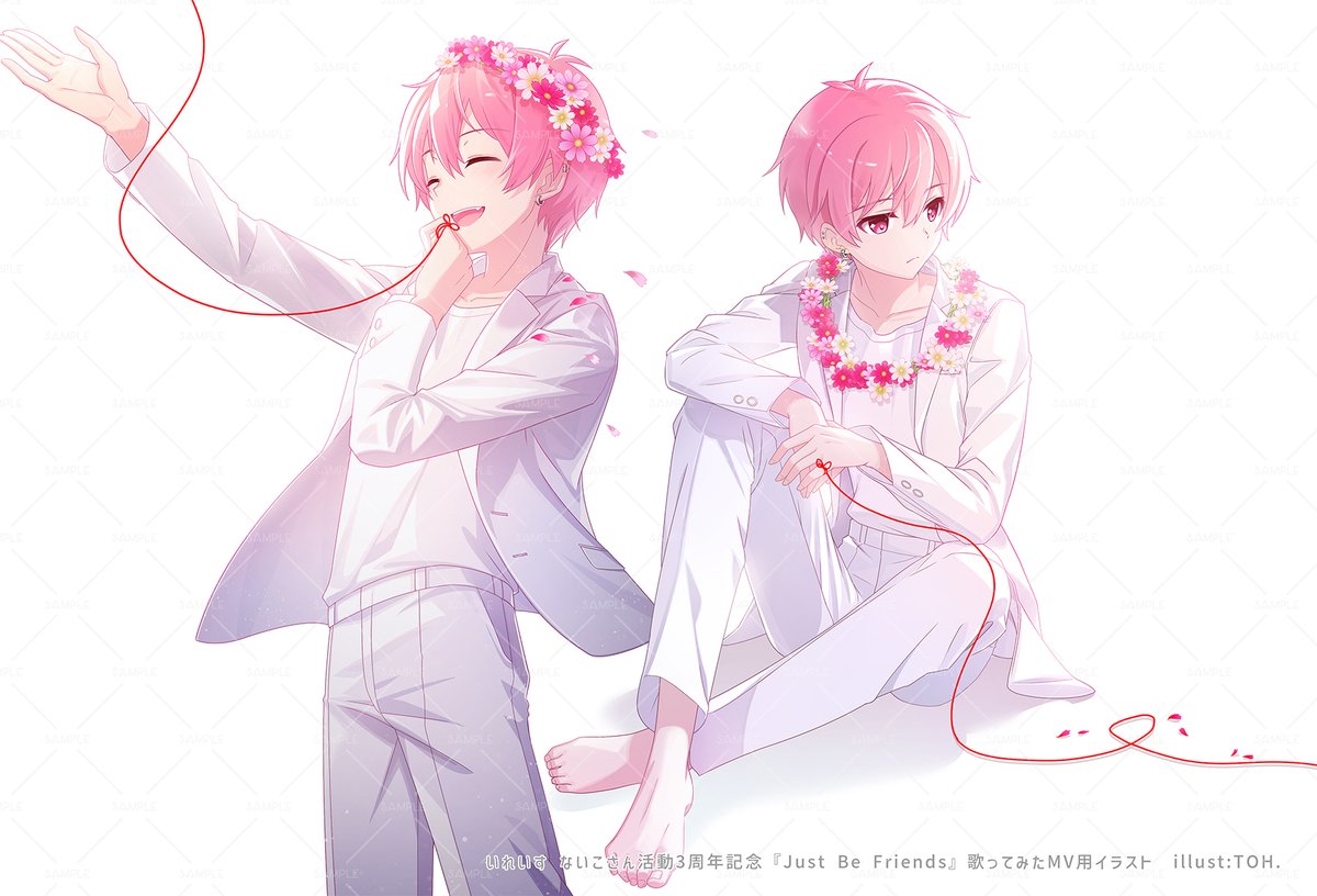 string of fate male focus pink hair string multiple boys head wreath 2boys  illustration images