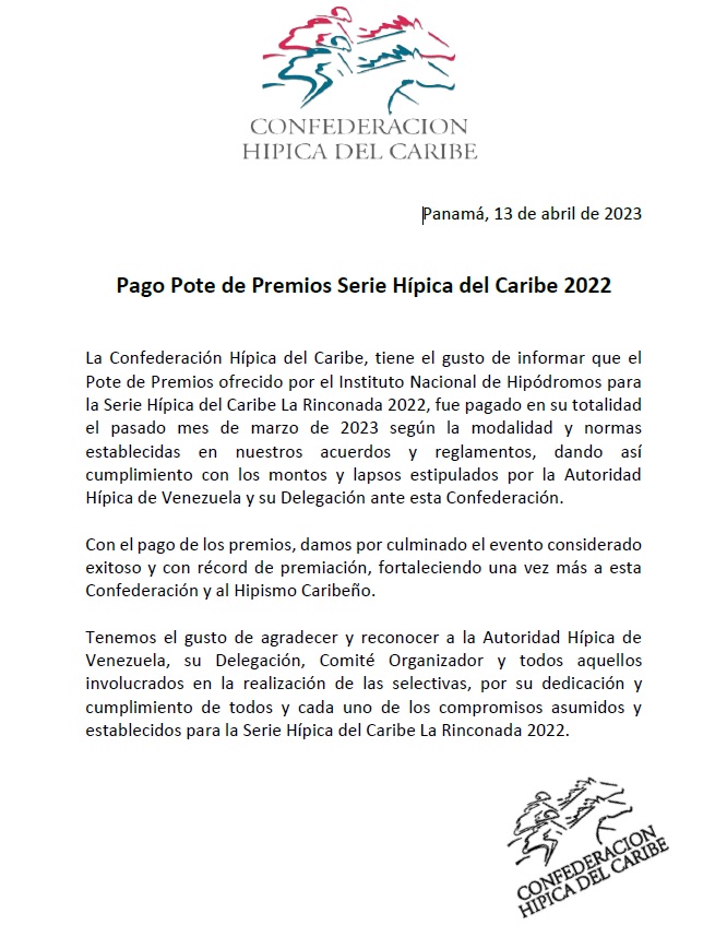 ConfCaribe's tweet photo. OFICIAL: Pago Pote de Premios Serie Hípica del Caribe 2022 #SHC22 https://t.co/7F5rOx8zQn