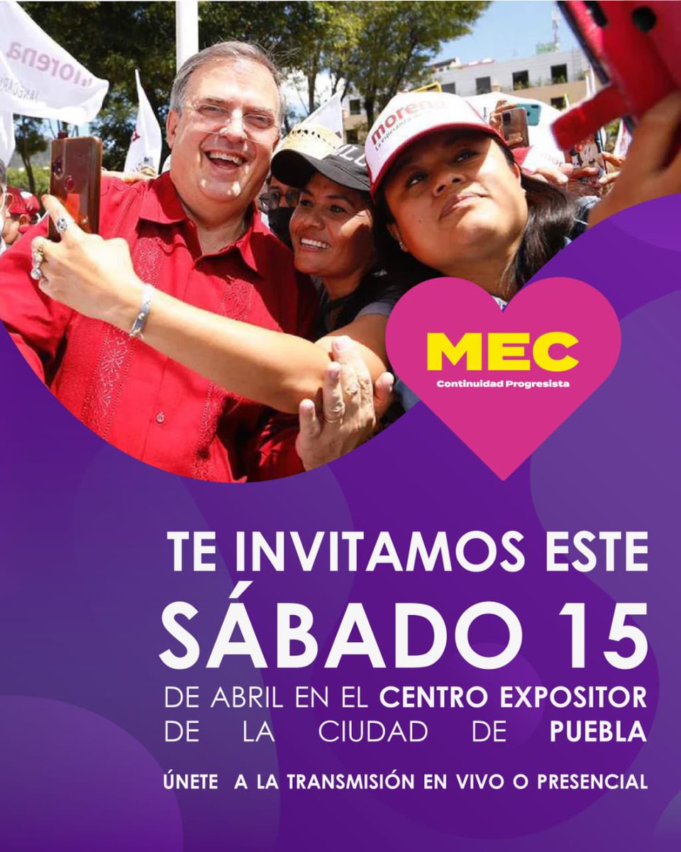 MEC_asocCivil's tweet photo. ¡Marcelo Ebrard en Puebla!
Marcelo visitará Puebla este sábado 15 de abril…
Transmisión EN VIVO ➡️ https://t.co/Q9wrPxwgYk https://t.co/xrbVmcfxCQ