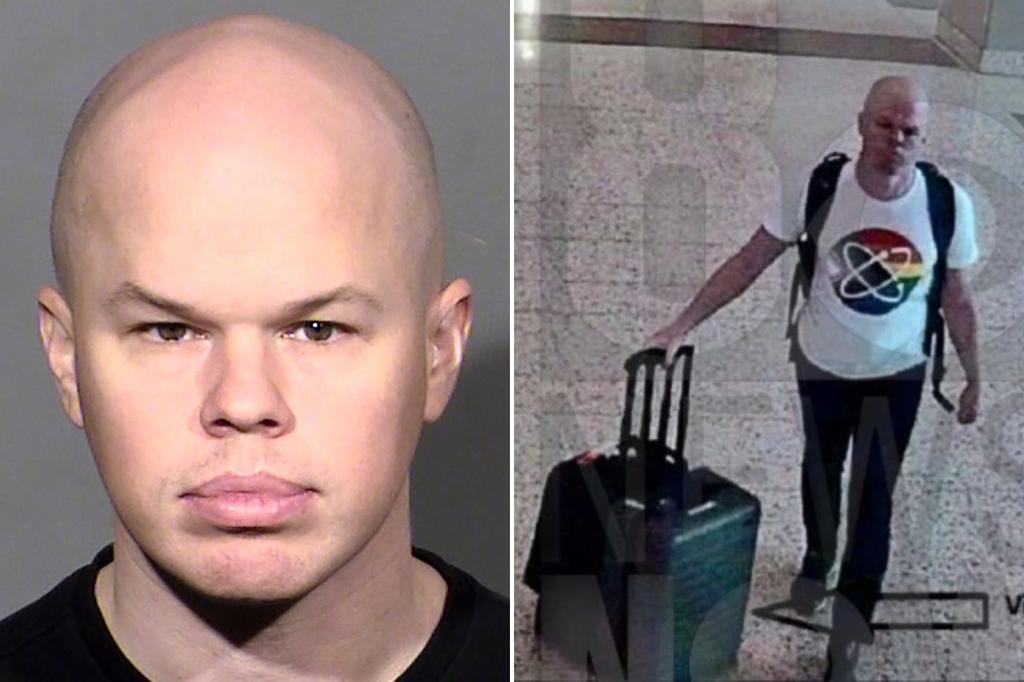 Samuel Brinton mug shot (left) and a screenshot of security video following the theft of woman's luggage (right)