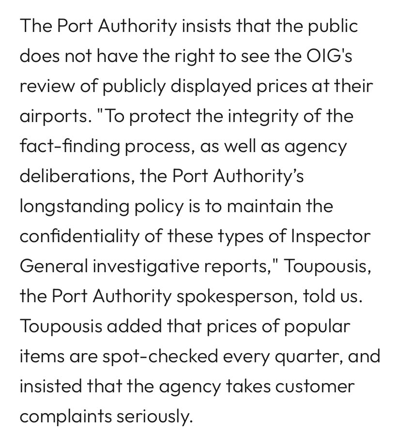 The <a href="/PANYNJ/">Port Authority of NY & NJ</a> on why it’s hiding an inspector general report on *airport sandwich prices*

Gotta “protect the integrity of the fact-finding process” 

<a href="/HellGateNY/">Hell Gate *subscribe today!*</a> hellgatenyc.com/why-is-airport…