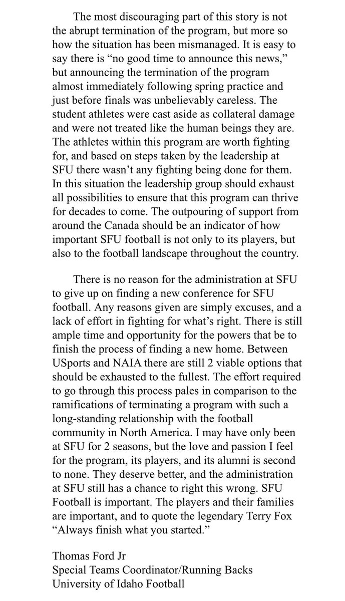 I was asked by <a href="/sfufbalumni/">SFU Football Alumni</a> for my thoughts about the state of <a href="/SFUFootball/">SFU Football</a> I was more than happy to oblige. Please take a few minutes to read. This is bigger than football, this has a about doing the right thing!!! #SaveSFUFootball
