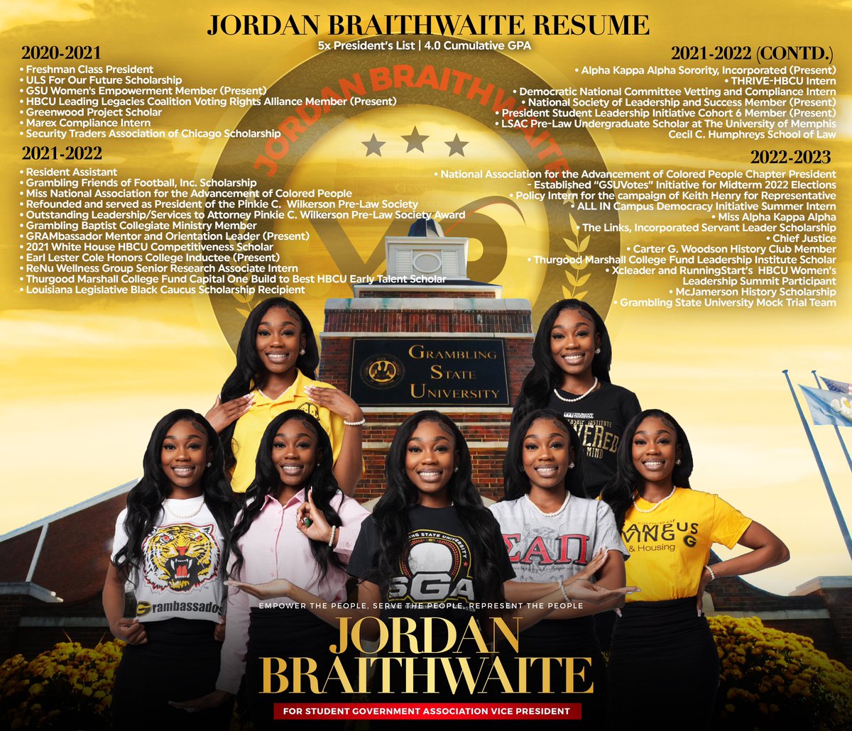 Check out Jordan’s past and current roles that have prepared her to be your next SGA Student Body Vice President✨. Vote Jordan B. for SGA VP!
#ForthePeople #JordanB4SGAVP #Gramelections2k23 #GRAMFAM