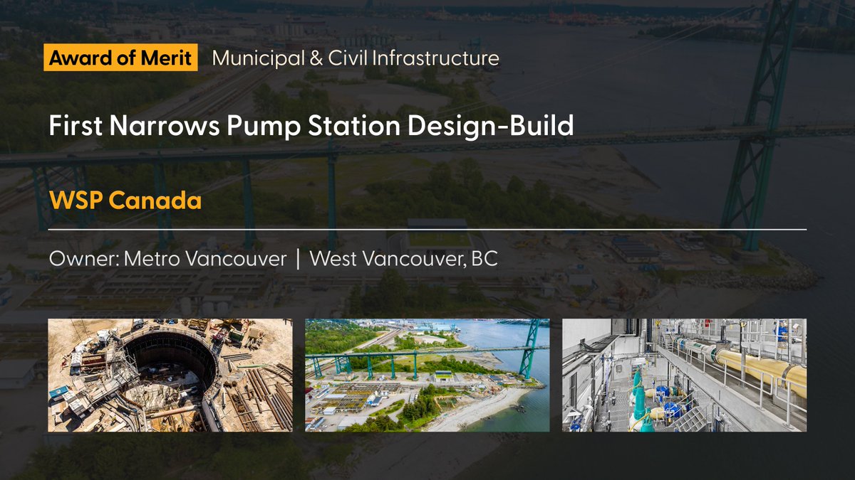 Congratulations to @WSPCanada for being awarded the 🎉 Award of Merit in the 🏡 MUNICIPAL AND CIVIL INFRASTRUCTURE category of the #acecbcAwards for Engineering Excellence! First Narrows Pump Station Design-Build acecbcawards.com/2023-awards/20… #acecbcCommunity #acecbc