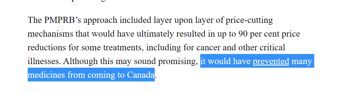 HealthLawAdamH's tweet photo. Always a bit gross to see vague industry lobby assertions that proposed reforms (like to the #PMPRB) "would have prevented medicines from coming to Canada".
Just own the fact that what would "prevent" this would be a conscious business decision by the pharma industry.🇨🇦💊💰 https://t.co/oGyQOmlEbe